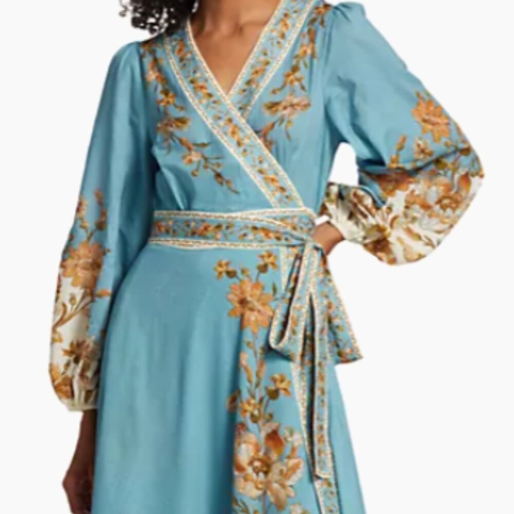 Zimmerman chintz wrap midi dress blue size 2